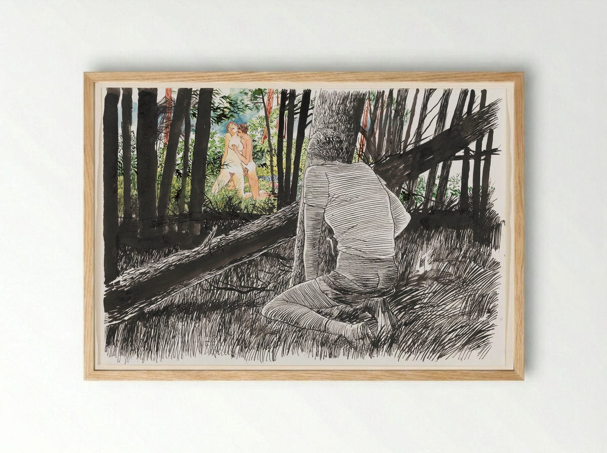 Vrijend paar in bos - Peter van Straaten - Framed Print Wood