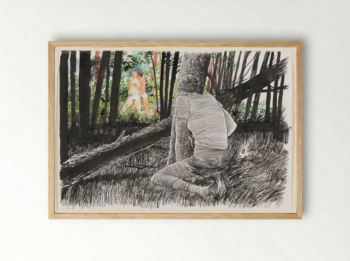 Vrijend paar in bos - Peter van Straaten - Framed Print Wood