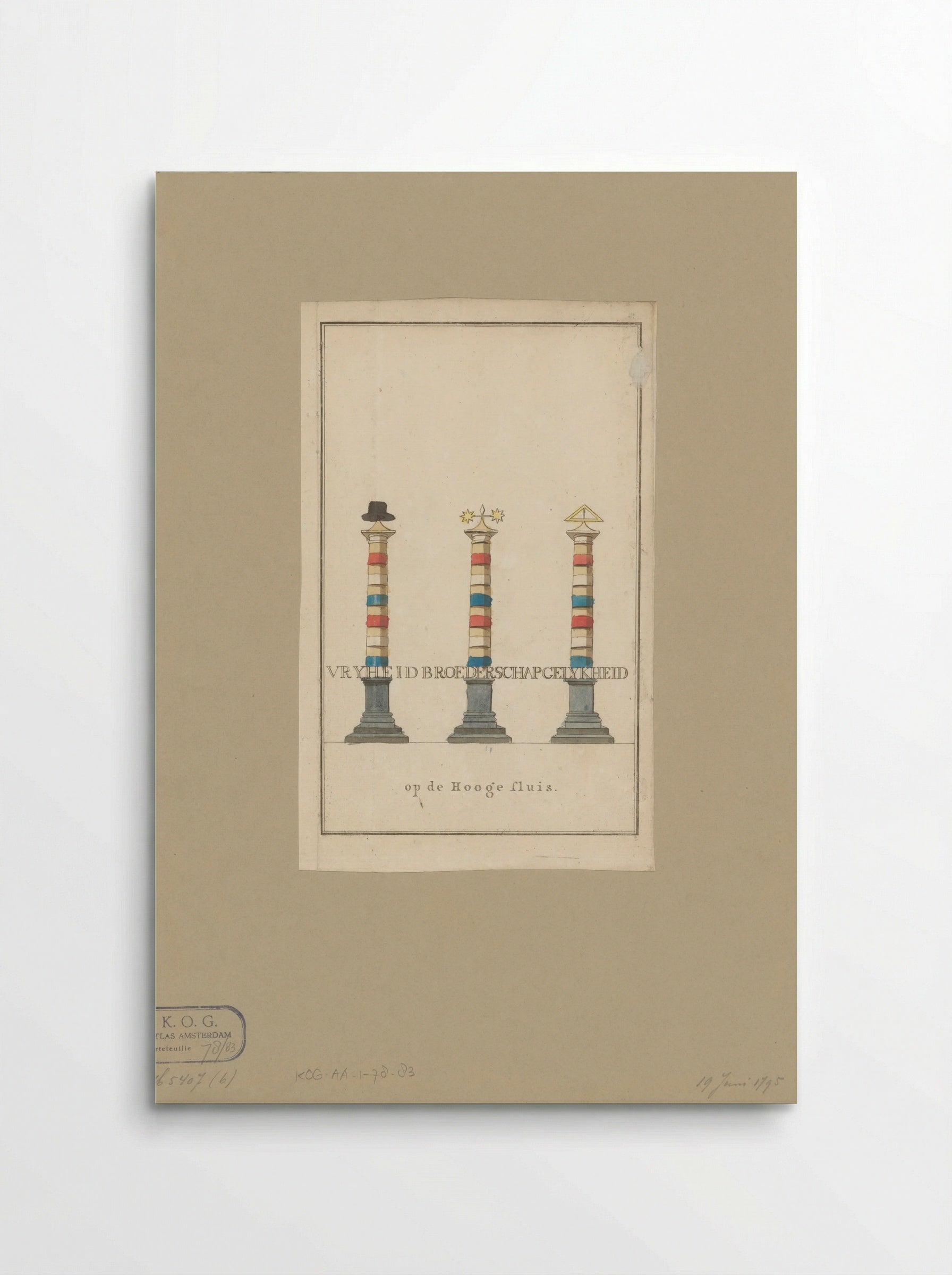 Vrijheid, Broederschap en Gelijkheid, decoratie op de Hogesluis te Amsterdam - Noach van der Meer (II) - Poster