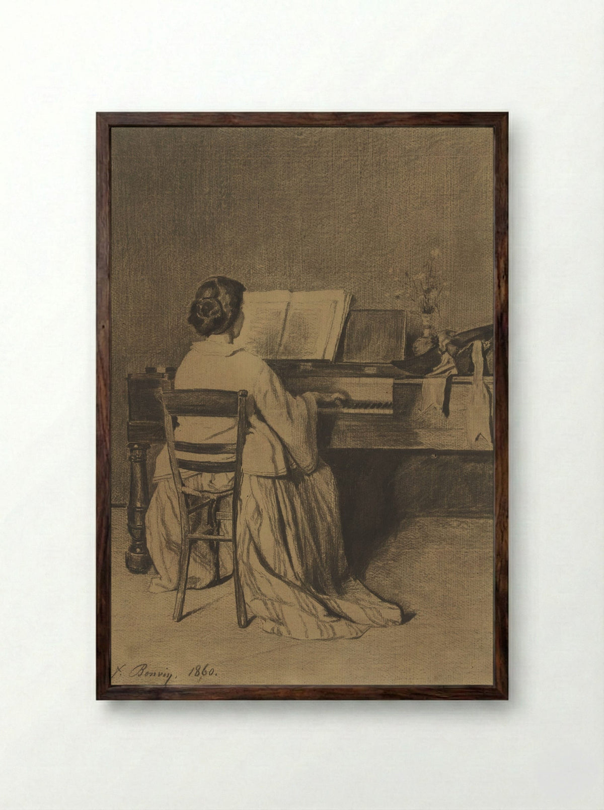 Vrouw aan de piano, op de rug gezien - François Bonvin - Framed Print Dark Wood
