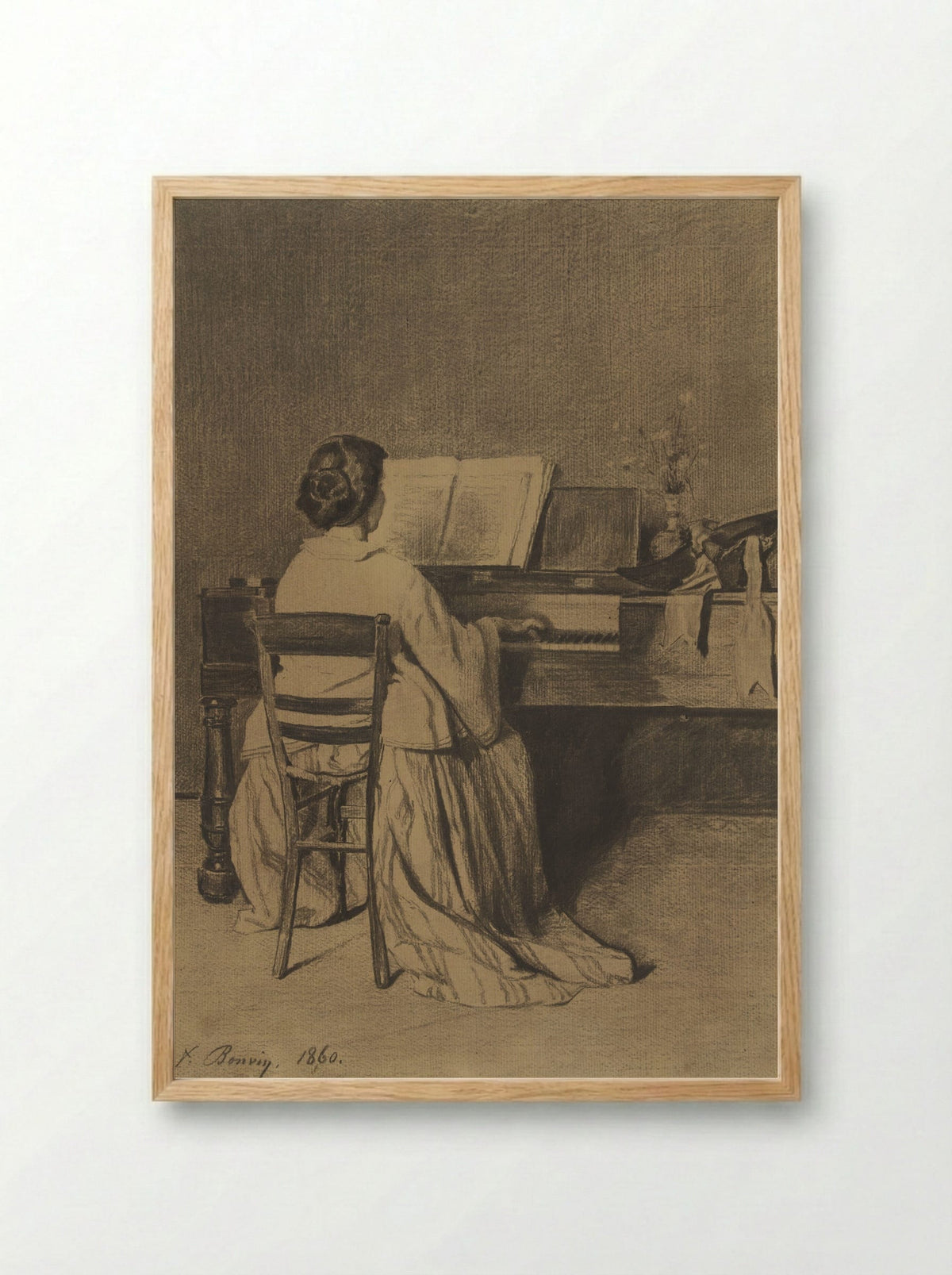 Vrouw aan de piano, op de rug gezien - François Bonvin - Framed Print Wood