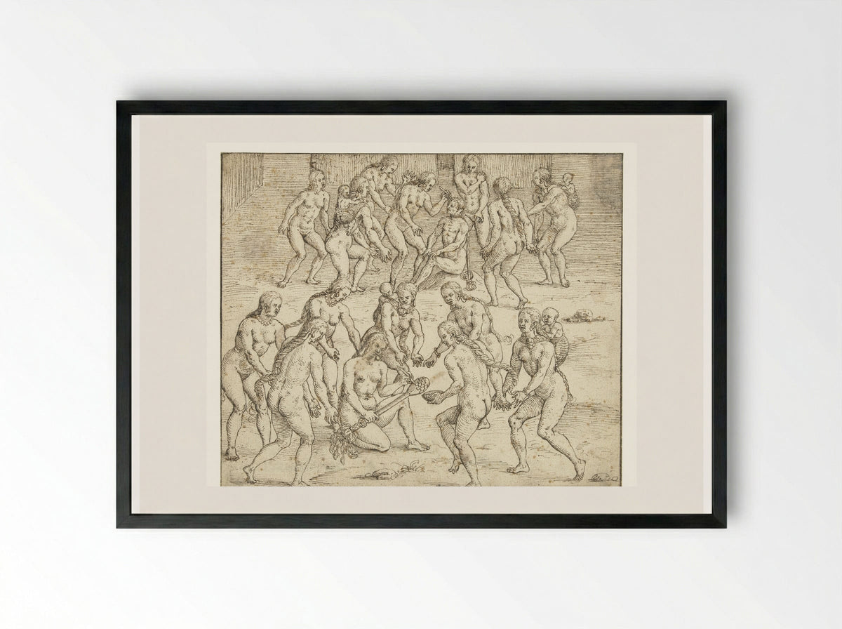 Vrouw bereidt de doding van een gevangene voor - Theodor de Bry - Framed Print Black