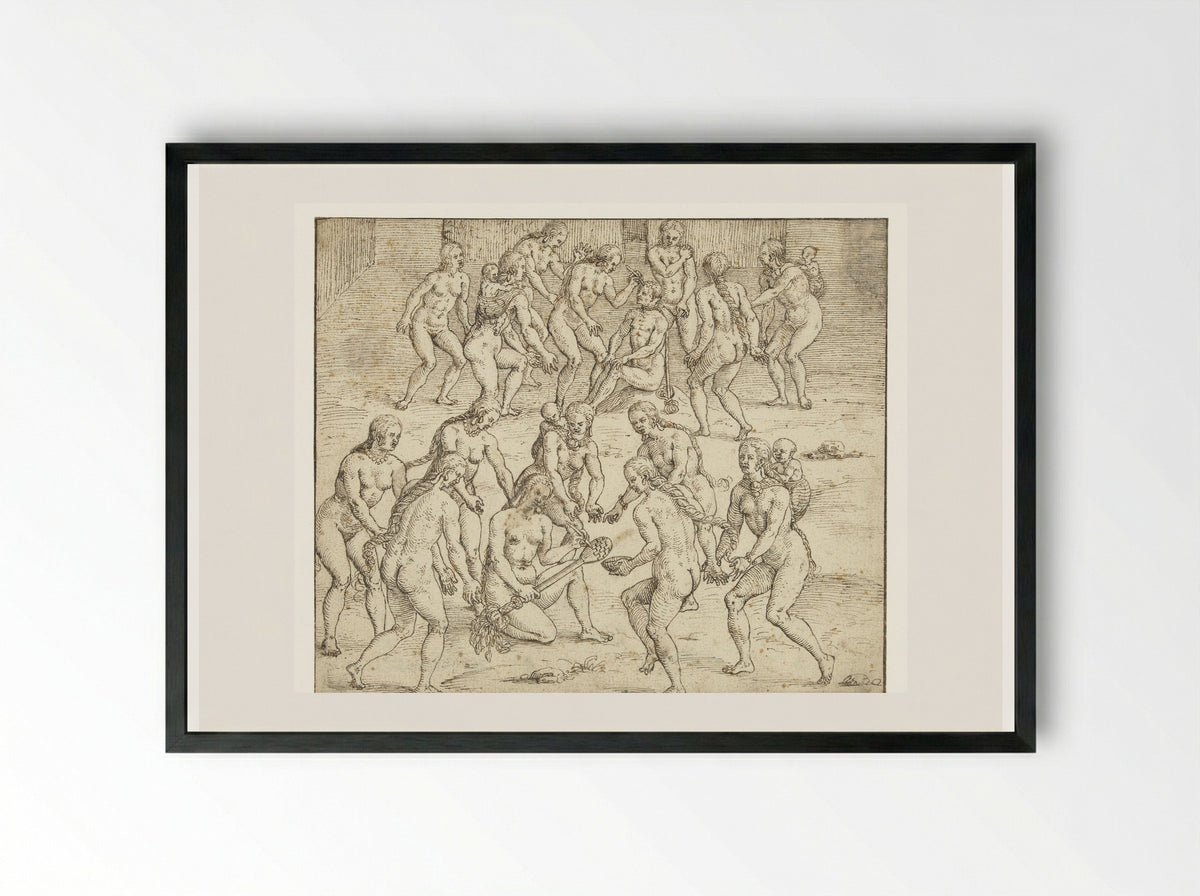 Vrouw bereidt de doding van een gevangene voor - Theodor de Bry - Framed Print Black