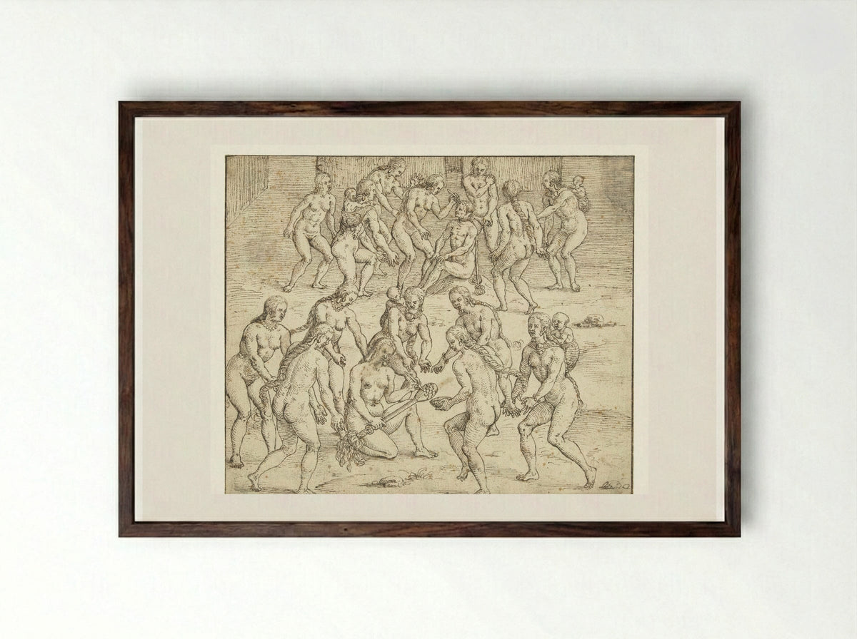 Vrouw bereidt de doding van een gevangene voor - Theodor de Bry - Framed Print Dark Wood