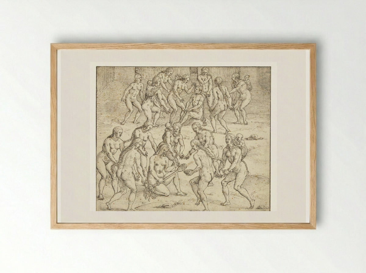 Vrouw bereidt de doding van een gevangene voor - Theodor de Bry - Framed Print Wood