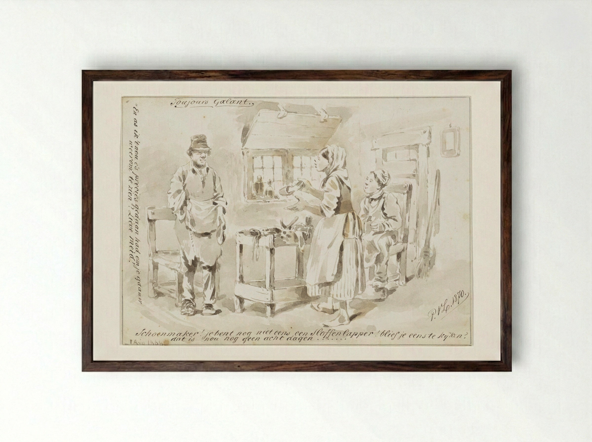 Vrouw bij schoenlapper - Pieter van Loon - Framed Print Dark Wood