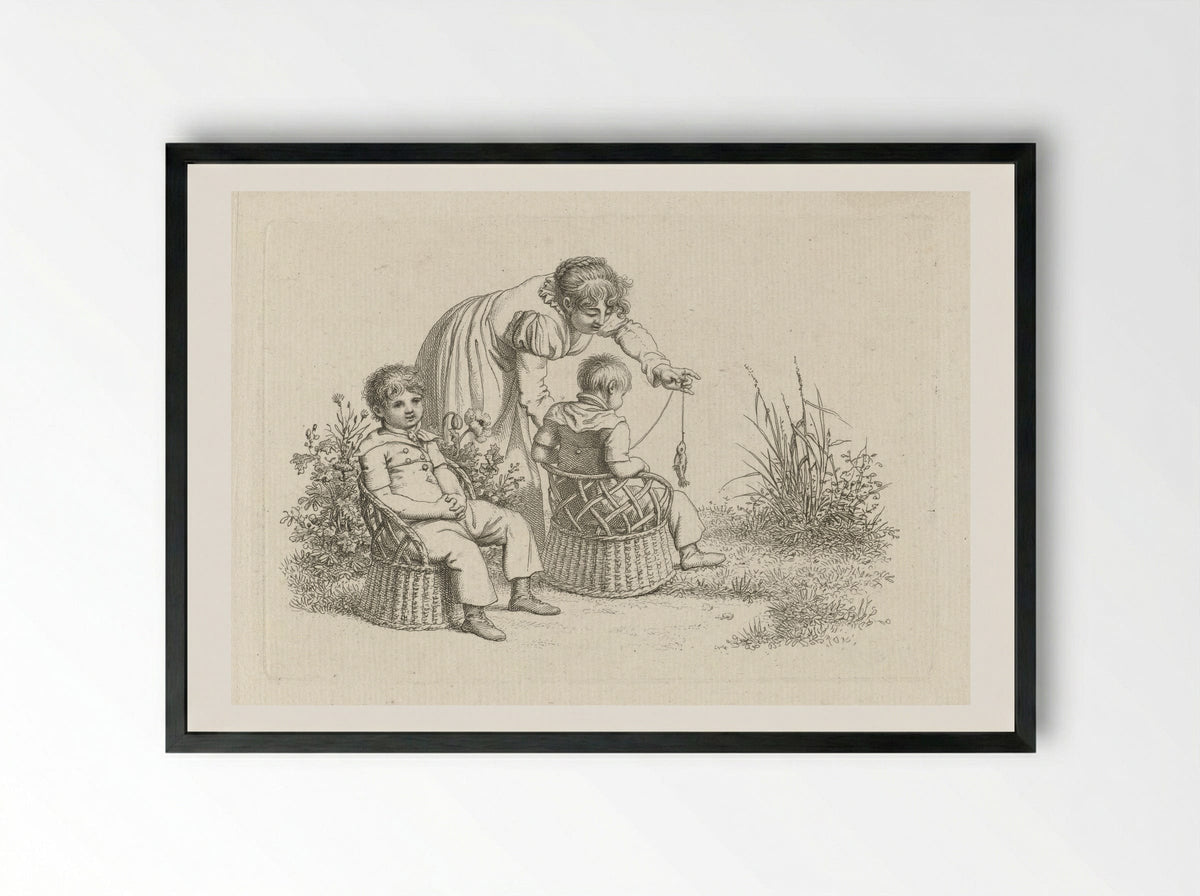 Vrouw bij twee kinderen in stoeltjes - Jacob Ernst Marcus - Framed Print Black