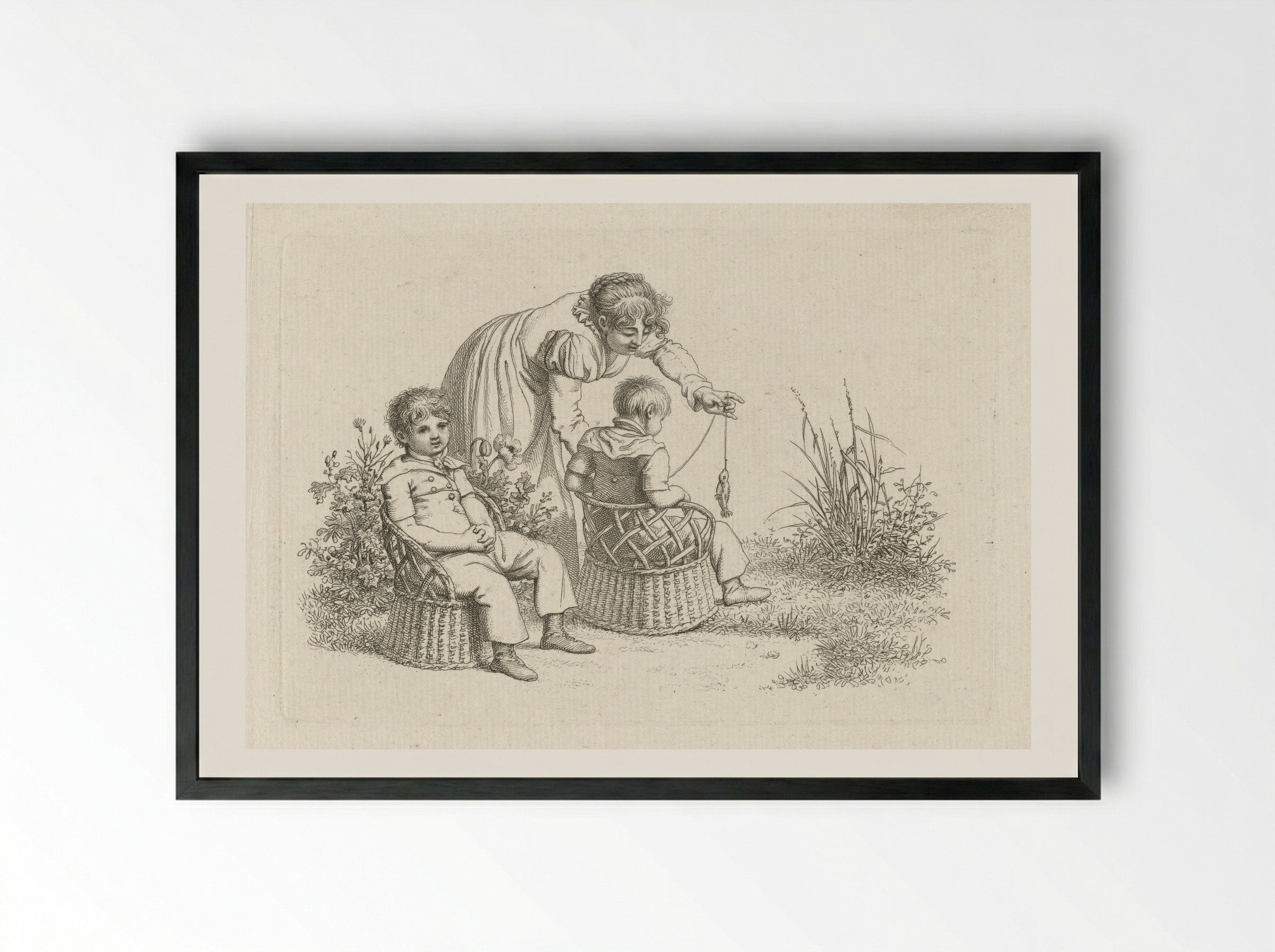 Vrouw bij twee kinderen in stoeltjes - Jacob Ernst Marcus - Framed Print Black