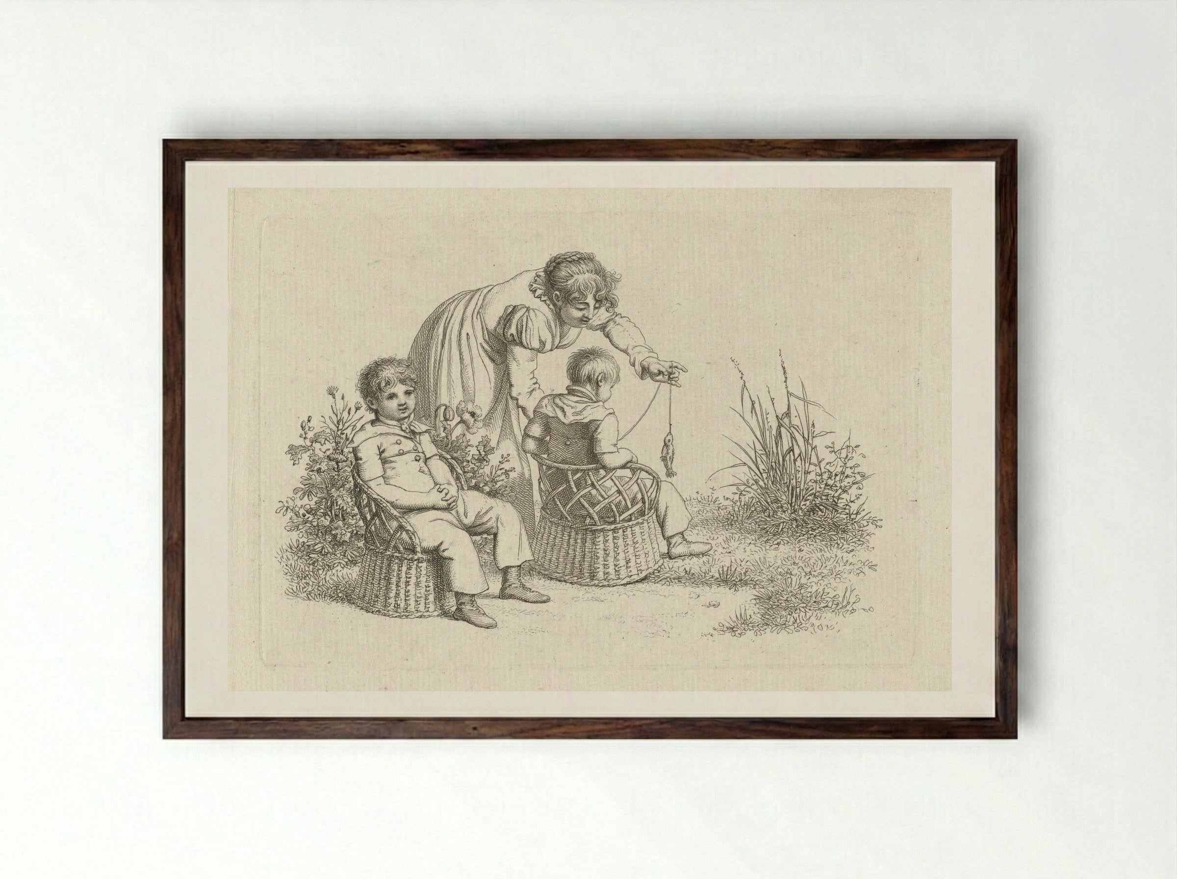 Vrouw bij twee kinderen in stoeltjes - Jacob Ernst Marcus - Framed Print Dark Wood