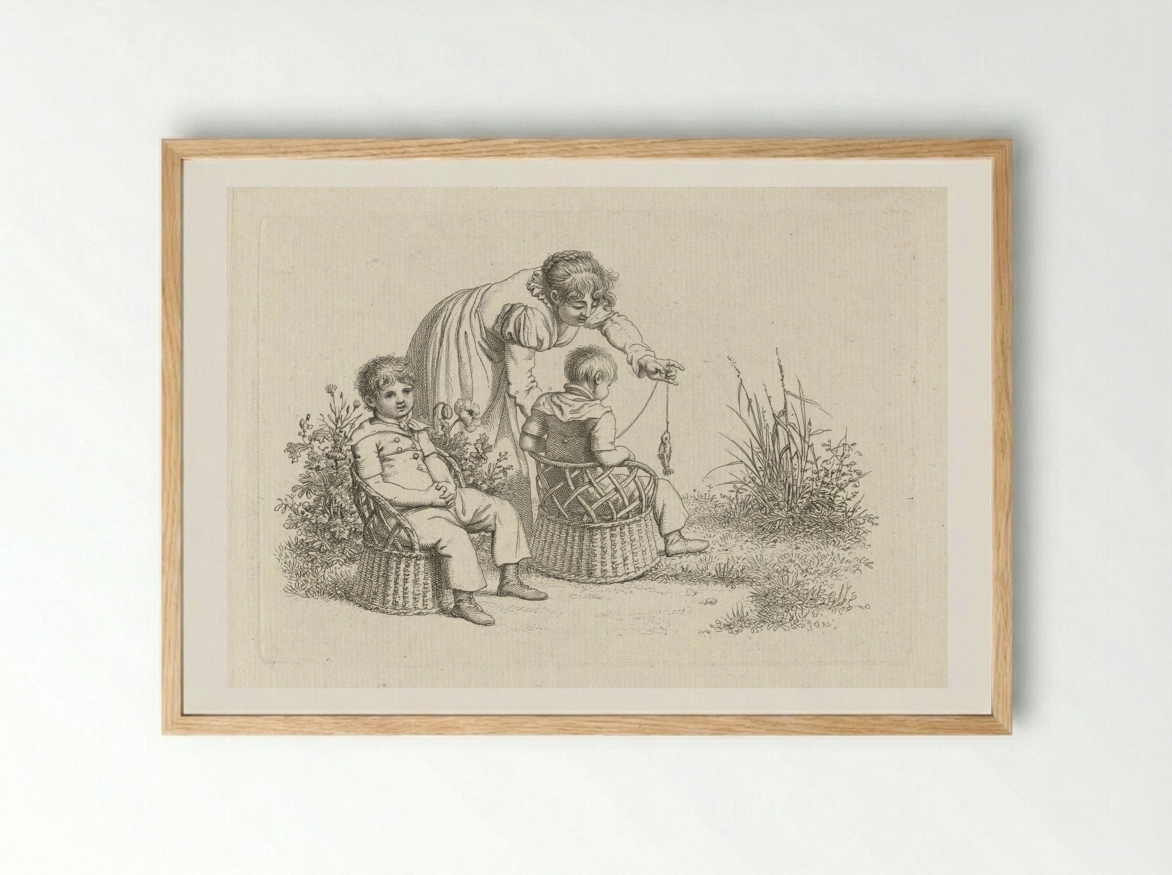Vrouw bij twee kinderen in stoeltjes - Jacob Ernst Marcus - Framed Print Wood