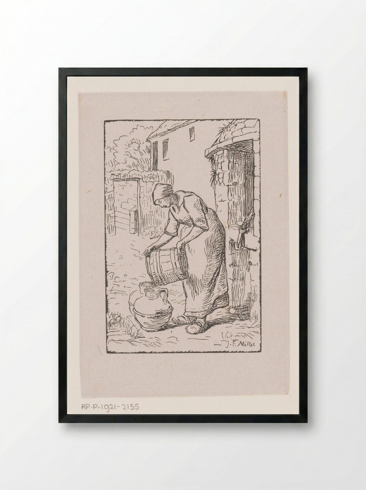 Vrouw die een emmer leegt - Pierre Millet - Framed Print Black