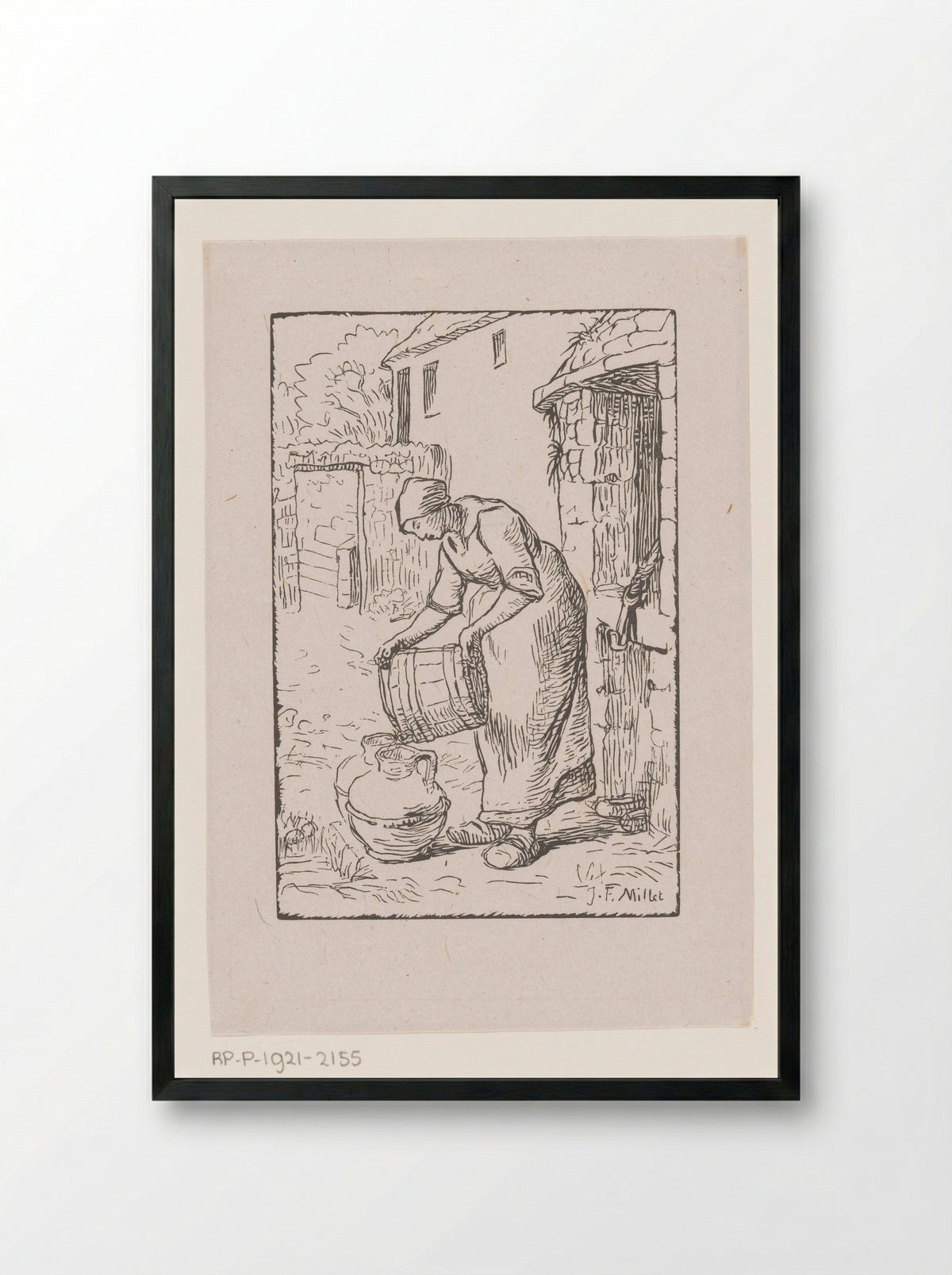 Vrouw die een emmer leegt - Pierre Millet - Framed Print Black