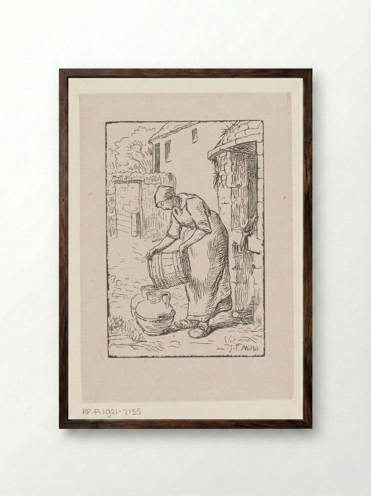 Vrouw die een emmer leegt - Pierre Millet - Framed Print Dark Wood