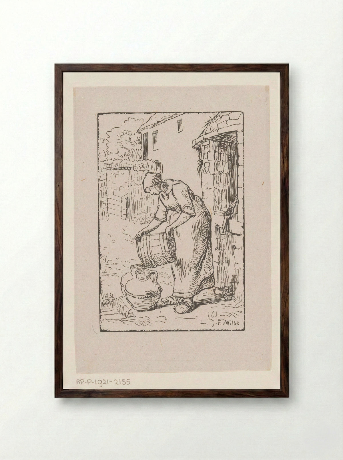 Vrouw die een emmer leegt - Pierre Millet - Framed Print Dark Wood