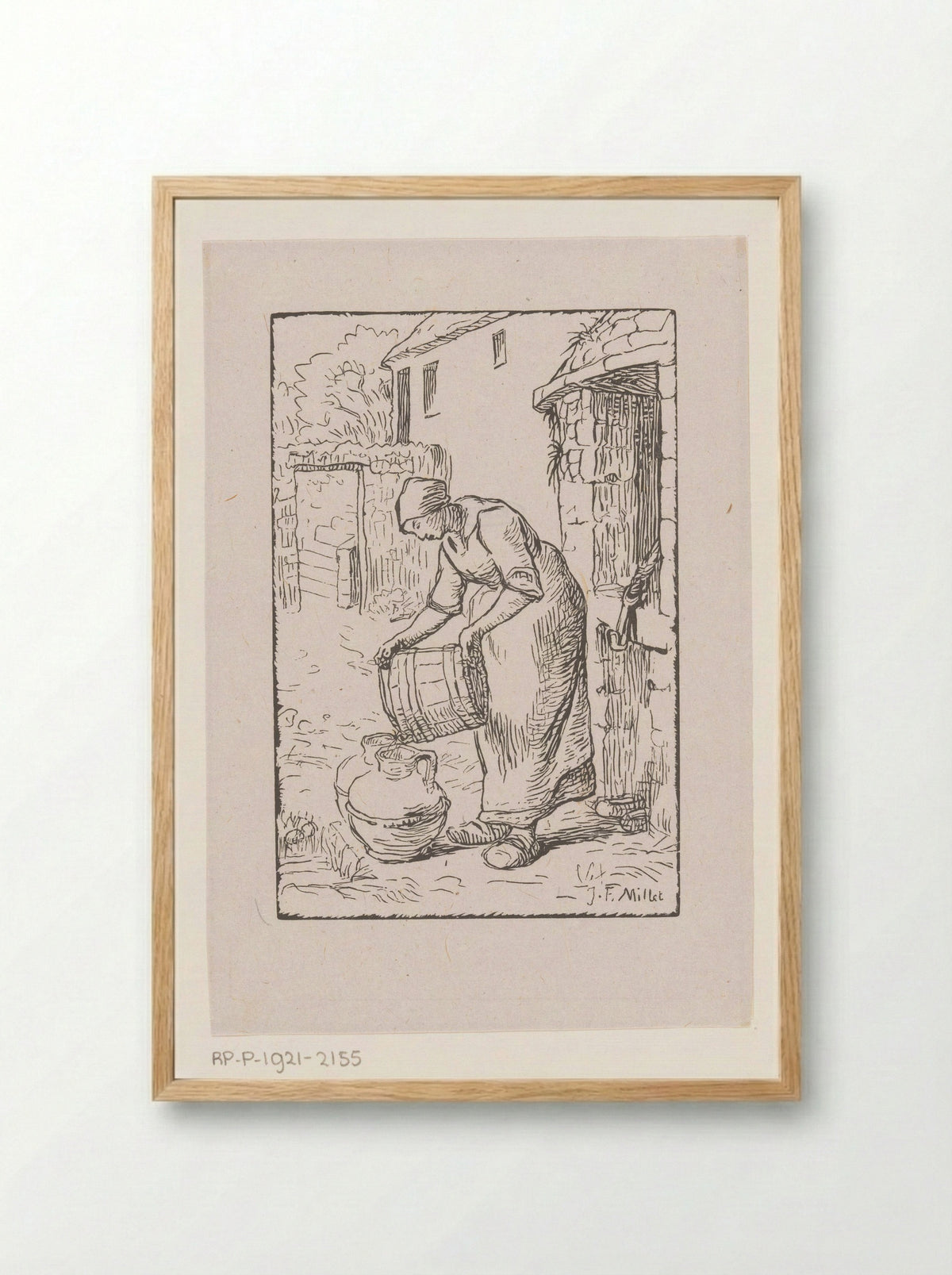 Vrouw die een emmer leegt - Pierre Millet - Framed Print Wood