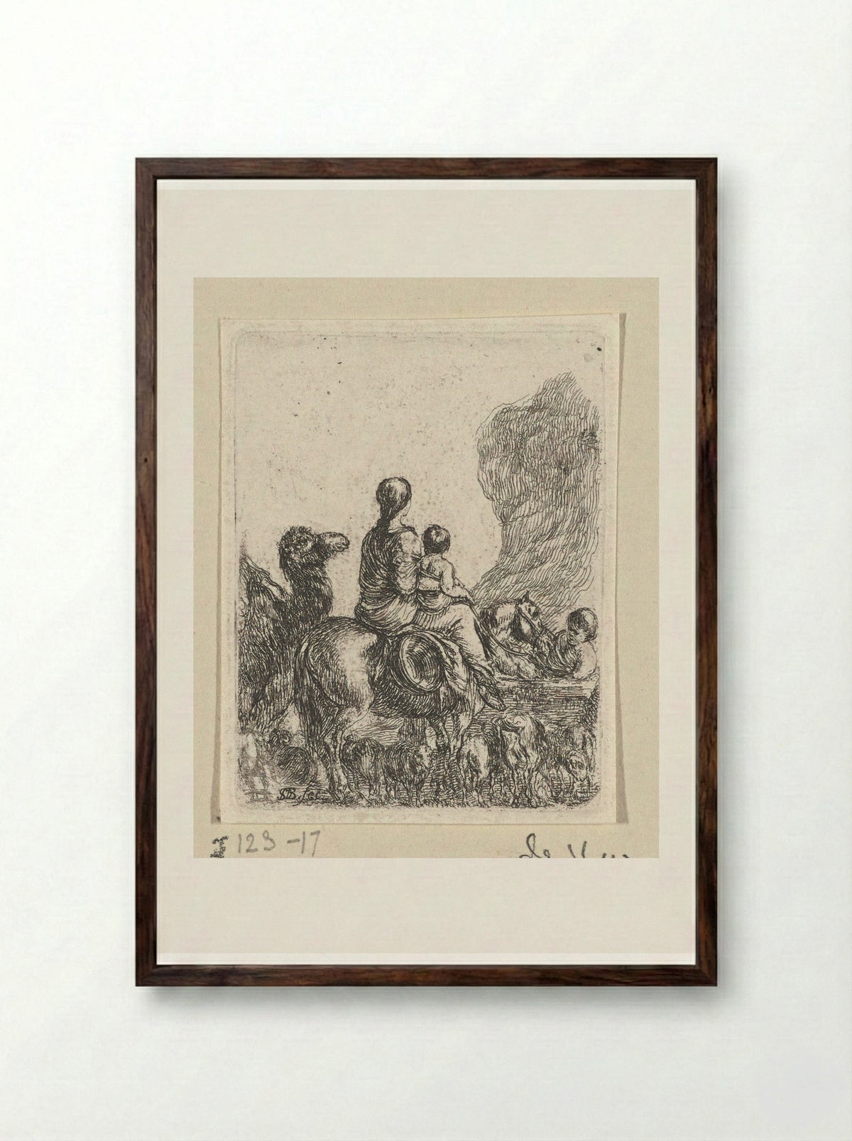 Vrouw en kind te paard, op de rug gezien - Jacques van Merlen - Framed Print Dark Wood