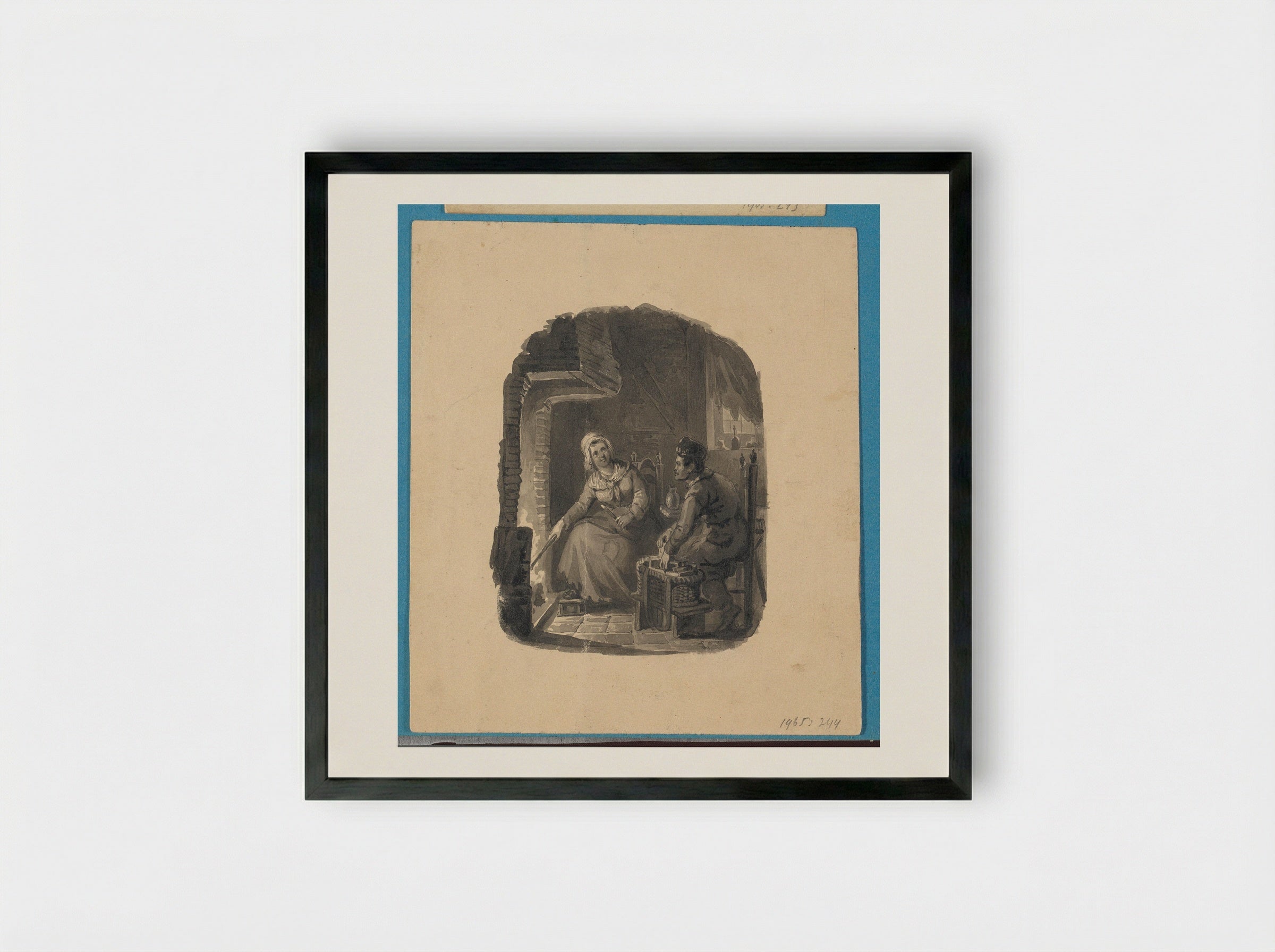 Vrouw en man bij een haardvuur - Johann Wilhelm Kaiser - Framed Print Black