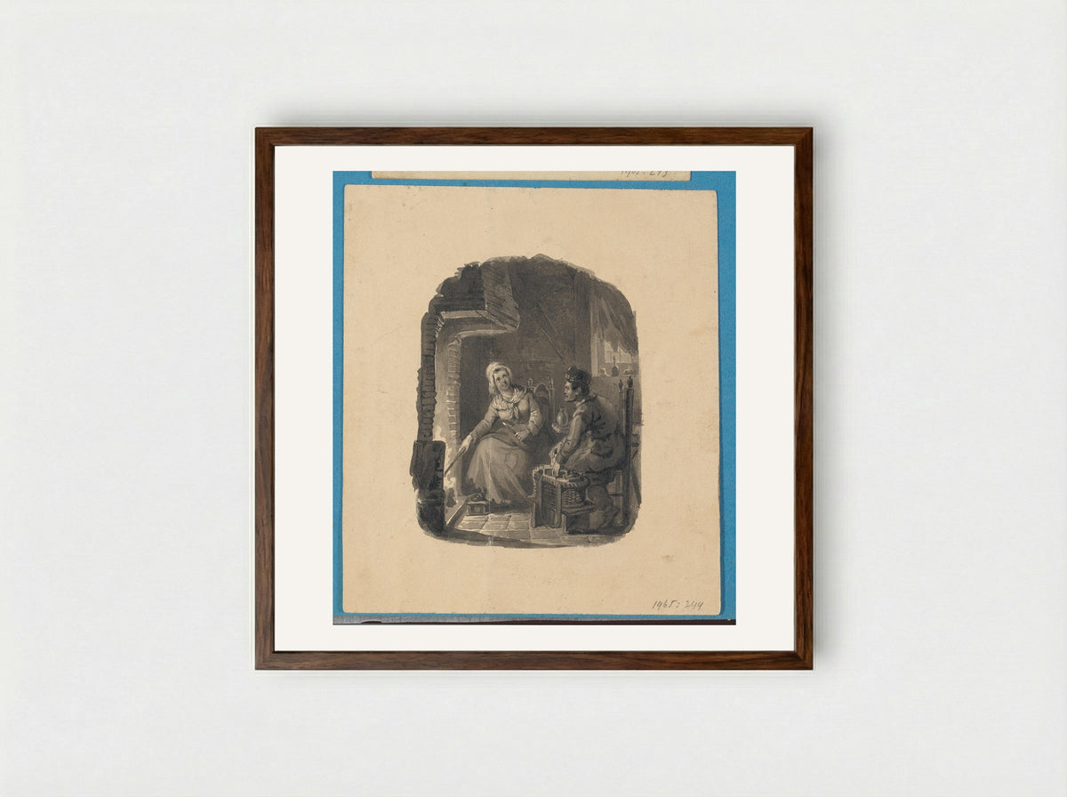 Vrouw en man bij een haardvuur - Johann Wilhelm Kaiser - Framed Print Dark Wood