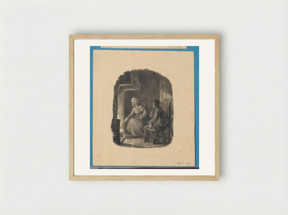 Vrouw en man bij een haardvuur - Johann Wilhelm Kaiser - Framed Print Wood