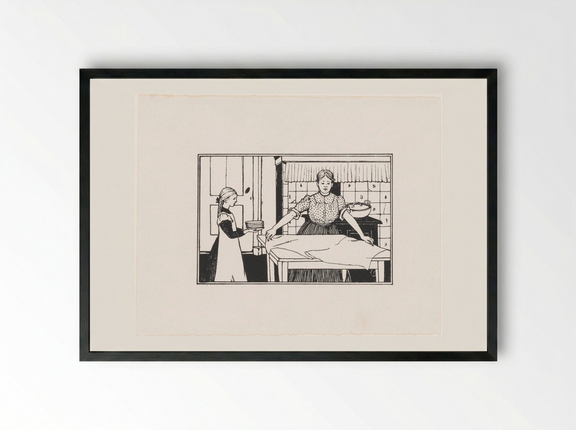 Vrouw en meisje dekken een tafel - Julie de Graag - Framed Print Black