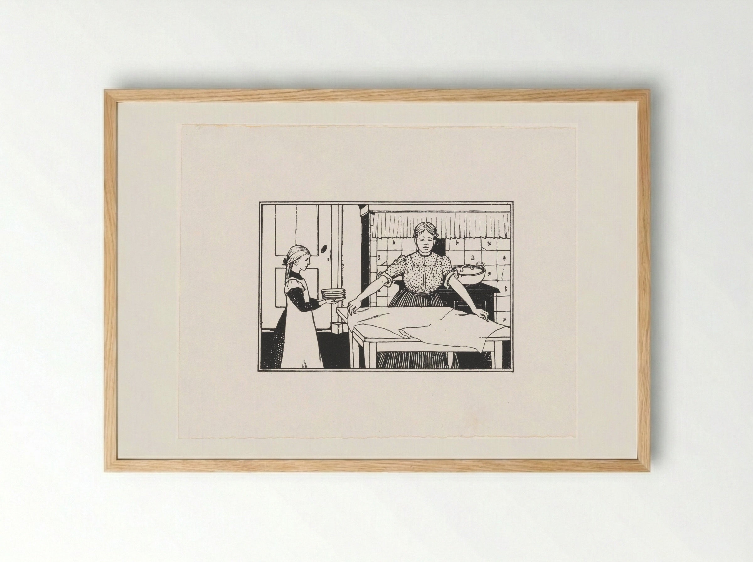 Vrouw en meisje dekken een tafel - Julie de Graag - Framed Print Wood