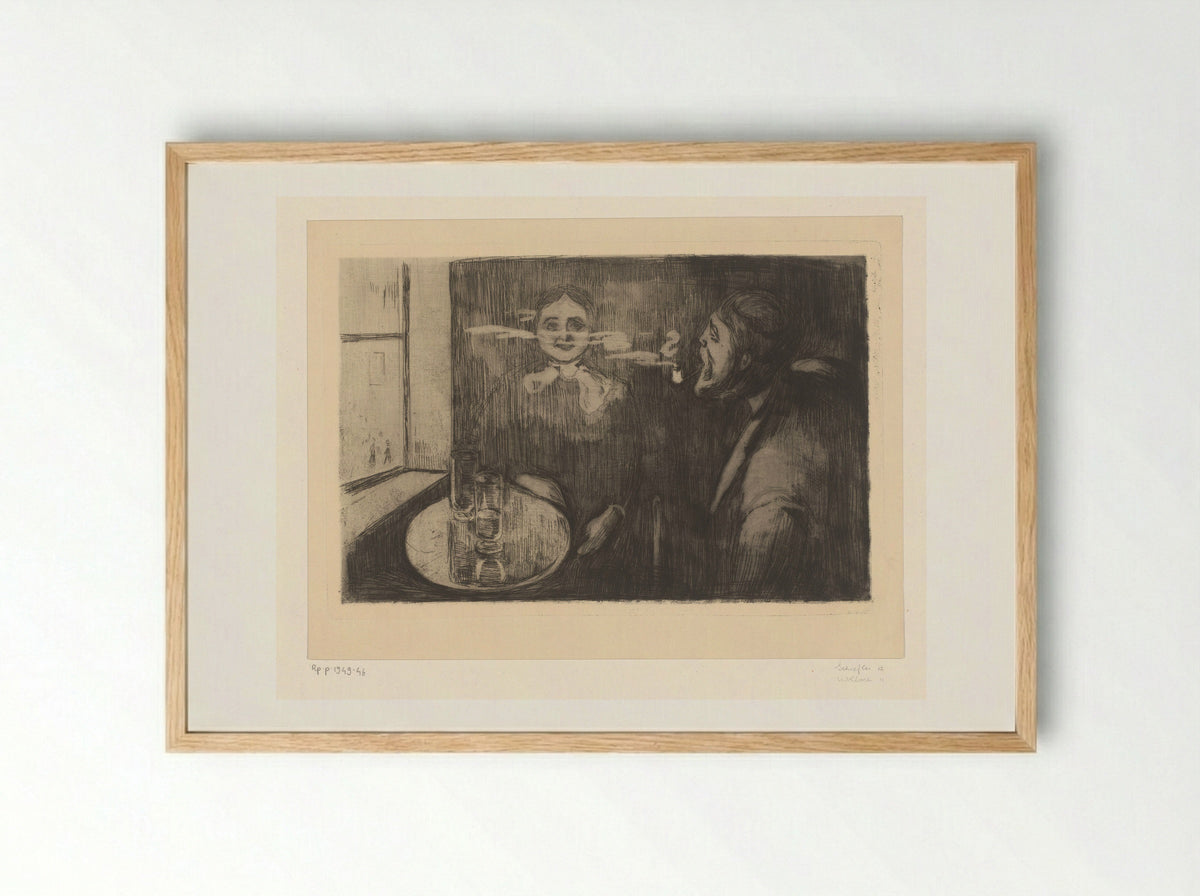 Vrouw en pijprokende man aan een tafel - Edvard Munch - Framed Print Wood