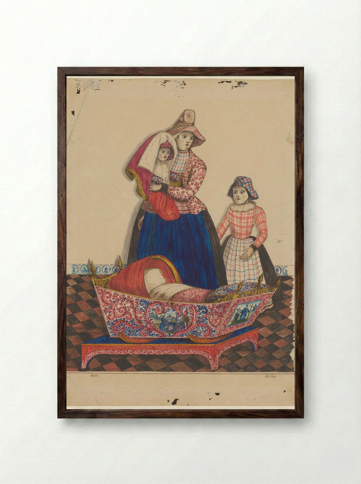 Vrouw en twee kinderen in Hindelooper klederdracht bij een wieg - Hendrik Lap - Framed Print Dark Wood