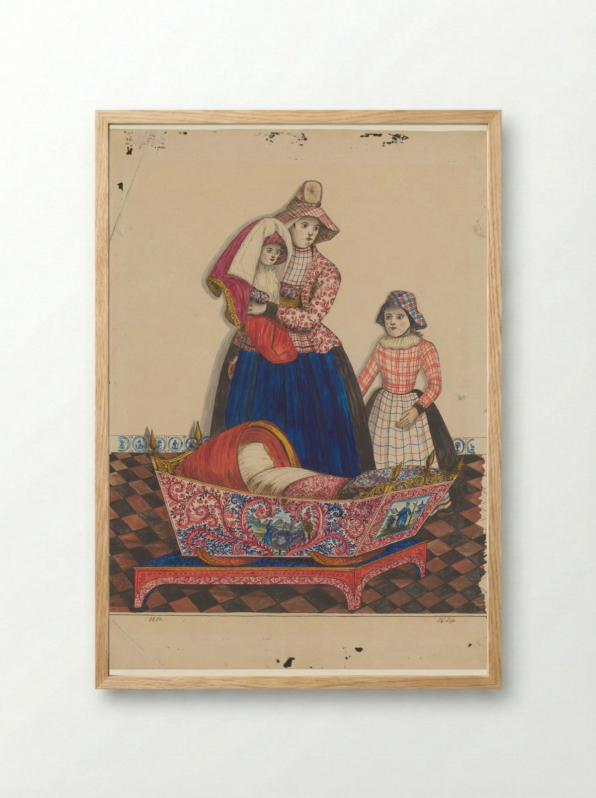 Vrouw en twee kinderen in Hindelooper klederdracht bij een wieg - Hendrik Lap - Framed Print Wood