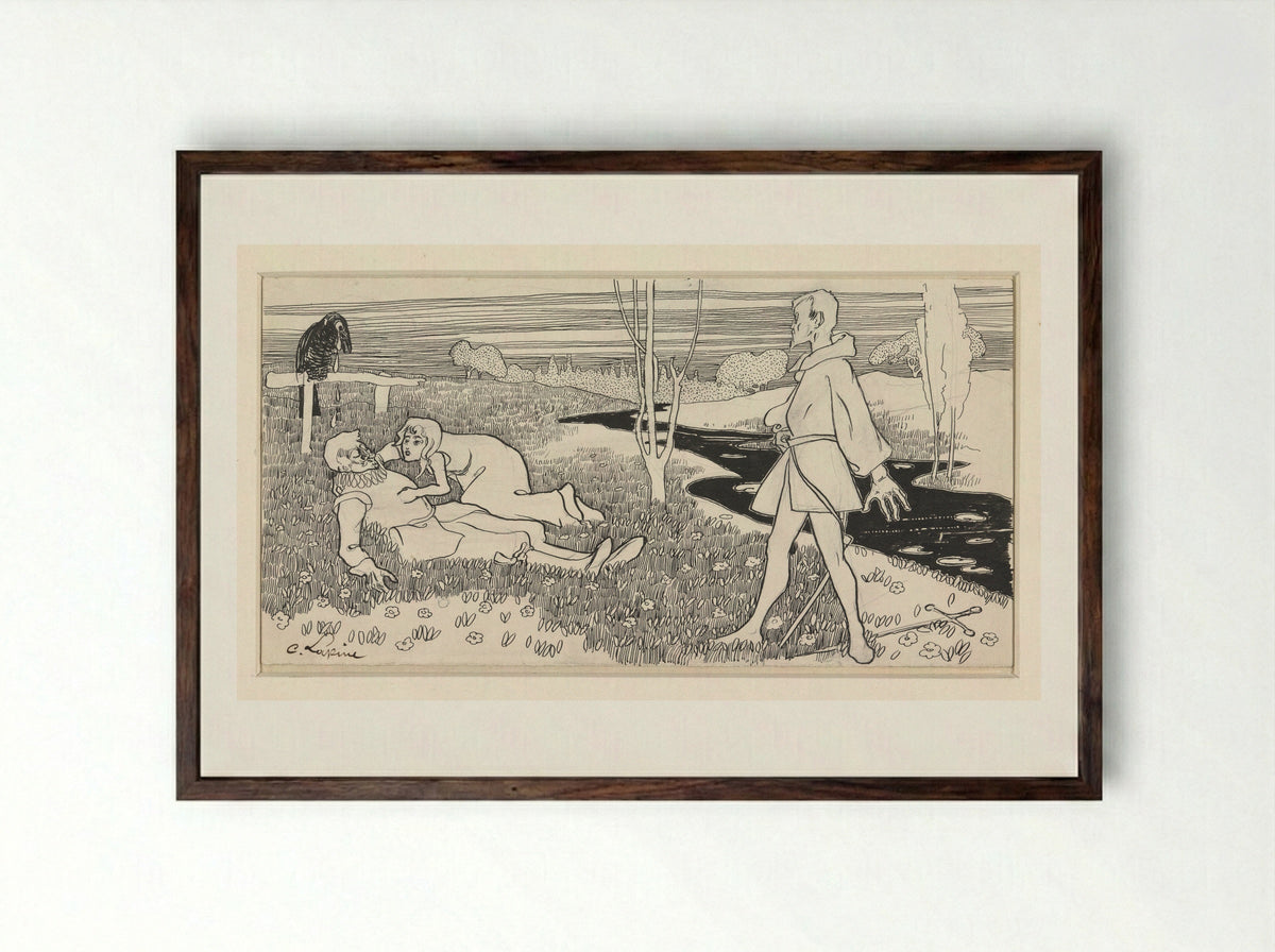 Vrouw geknield bij de verliezer van een duel - C. Lapine - Framed Print Dark Wood