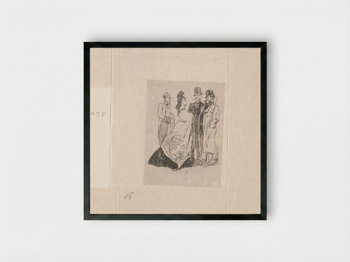Vrouw in gesprek met drie mannen met hoge hoeden - Félicien Rops - Framed Print Black