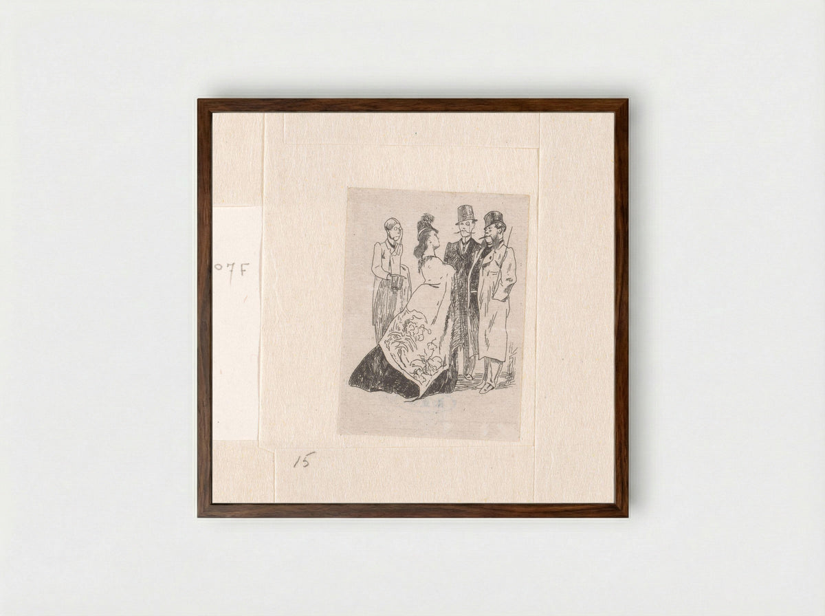 Vrouw in gesprek met drie mannen met hoge hoeden - Félicien Rops - Framed Print Dark Wood