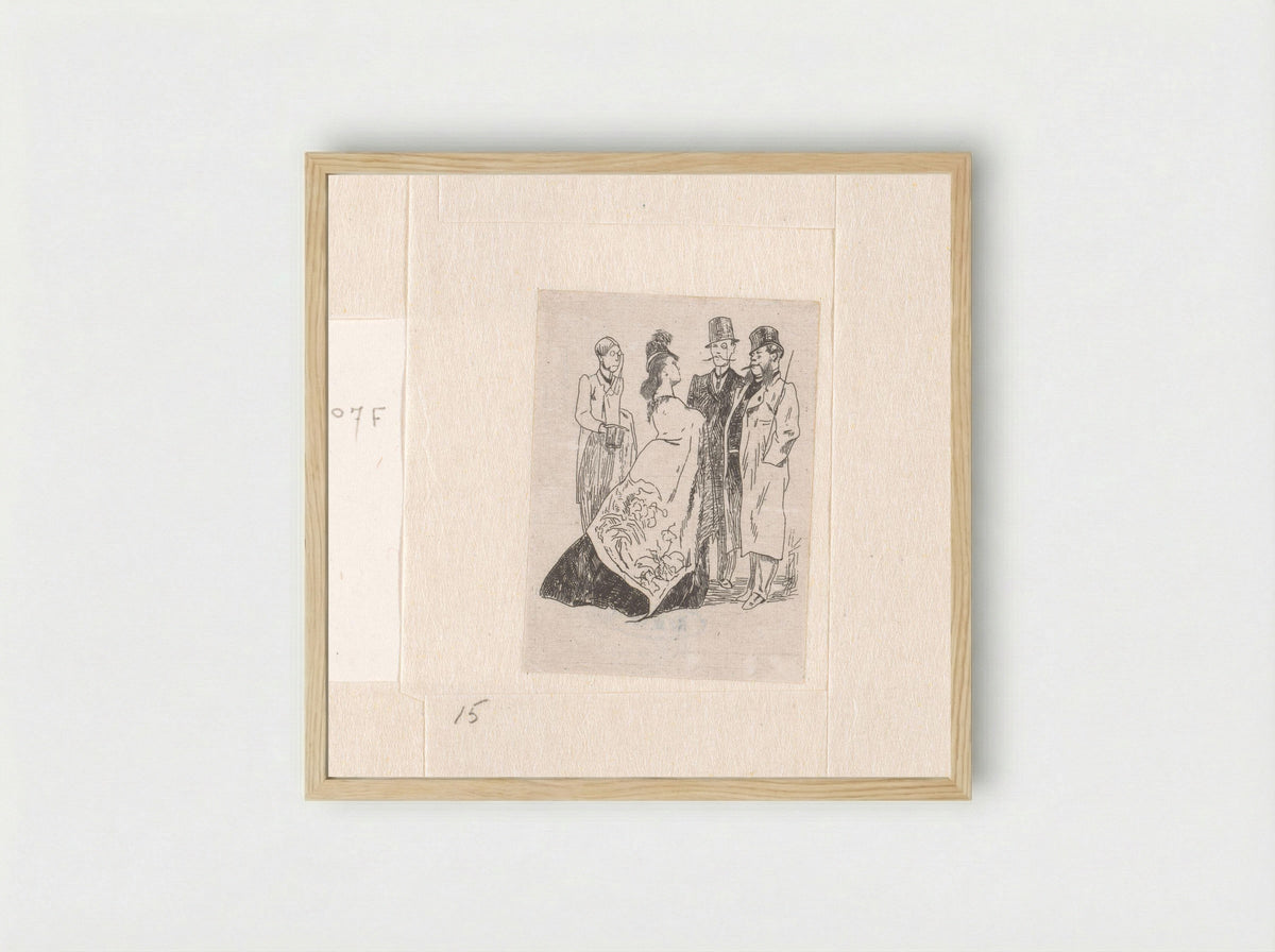 Vrouw in gesprek met drie mannen met hoge hoeden - Félicien Rops - Framed Print Wood