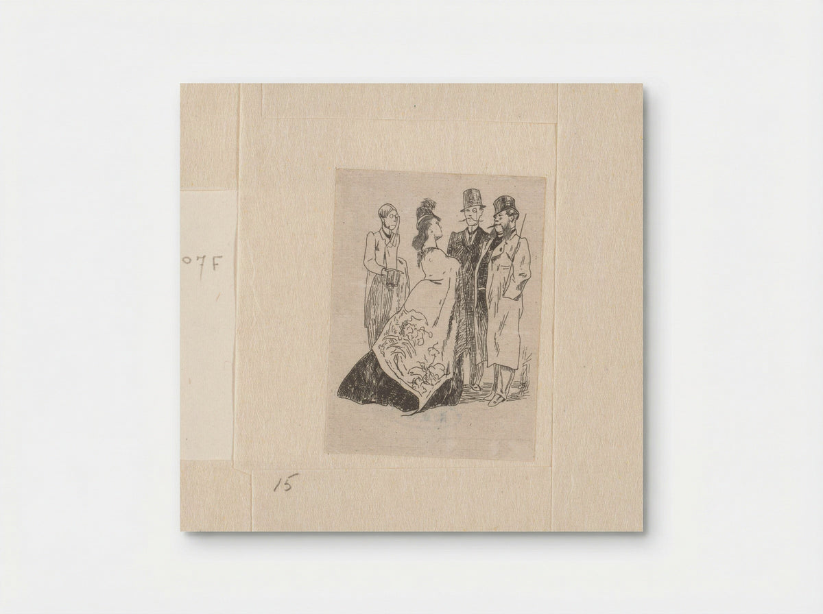 Vrouw in gesprek met drie mannen met hoge hoeden - Félicien Rops - Poster