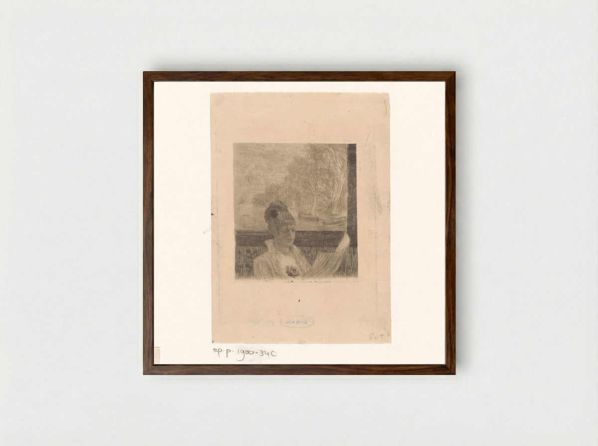 Vrouw leest aan het raam - Félicien Rops - Framed Print Dark Wood