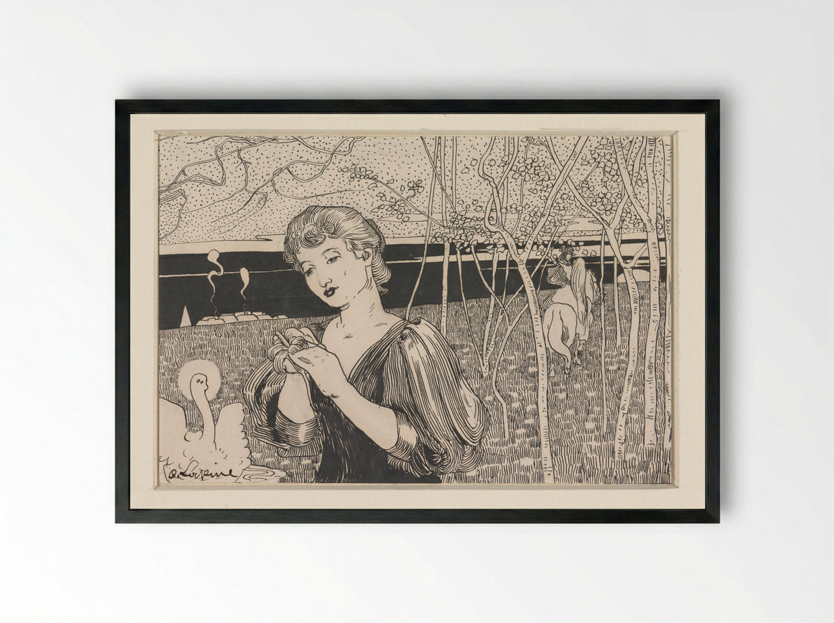 Vrouw met bloem, rechts een figuur te paard - C. Lapine - Framed Print Black
