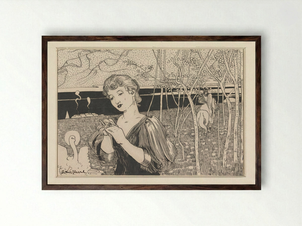 Vrouw met bloem, rechts een figuur te paard - C. Lapine - Framed Print Dark Wood
