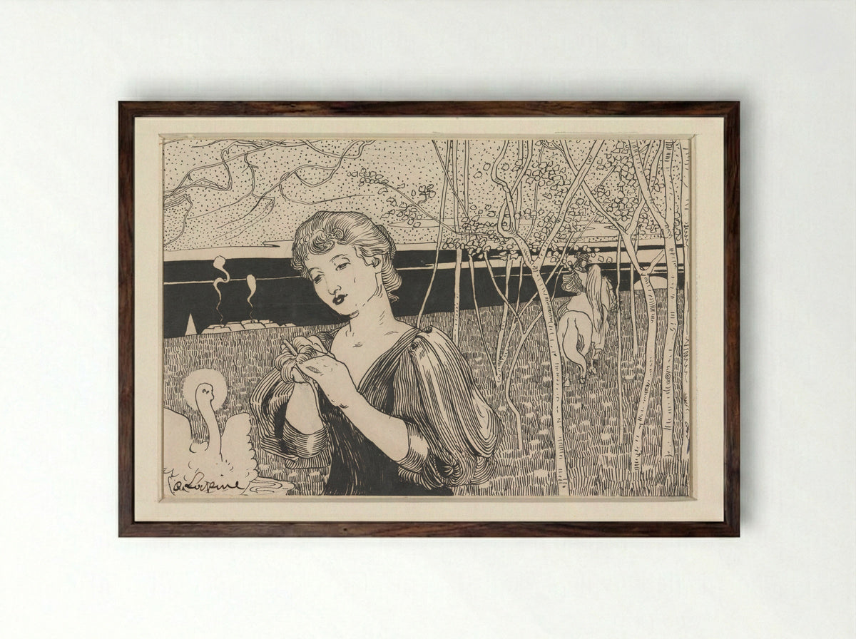 Vrouw met bloem, rechts een figuur te paard - C. Lapine - Framed Print Dark Wood