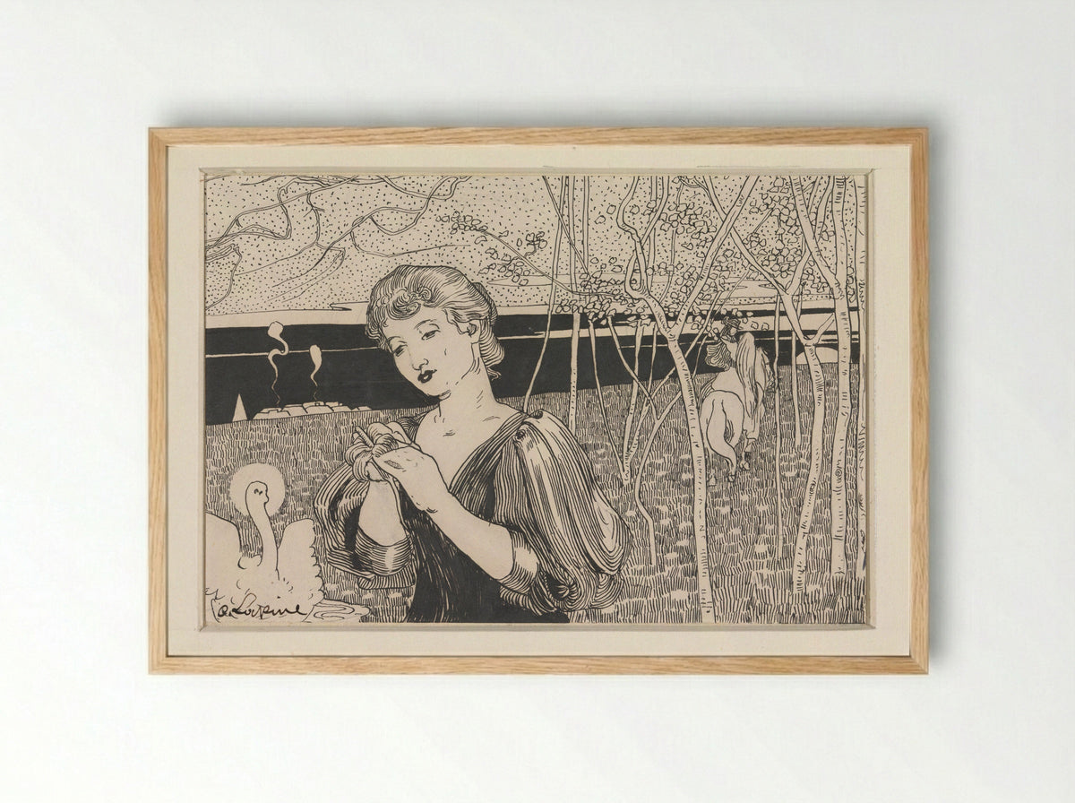 Vrouw met bloem, rechts een figuur te paard - C. Lapine - Framed Print Wood