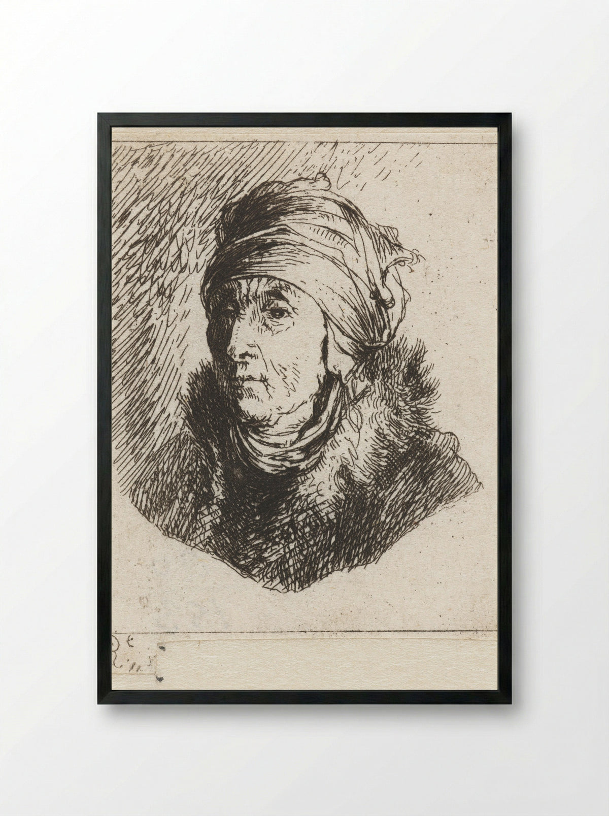 Vrouw met bontkraag en hoofddoek over een ondermutsje gewonden: buste - Constantino Cumano - Framed Print Black