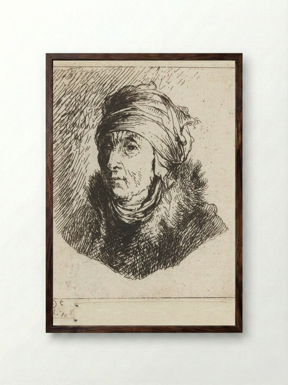 Vrouw met bontkraag en hoofddoek over een ondermutsje gewonden: buste - Constantino Cumano - Framed Print Dark Wood