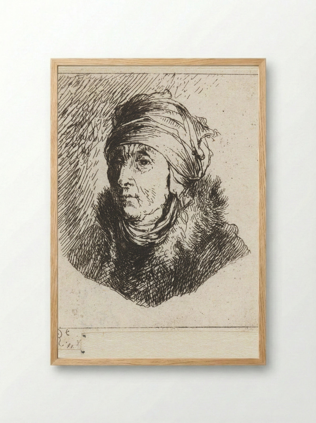 Vrouw met bontkraag en hoofddoek over een ondermutsje gewonden: buste - Constantino Cumano - Framed Print Wood