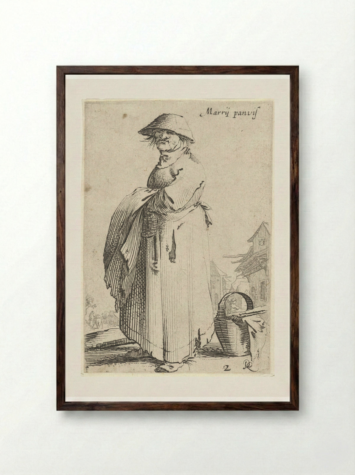Vrouw met doek over haar arm, achter haar staat een mand op de grond - Salomon Savery - Framed Print Dark Wood