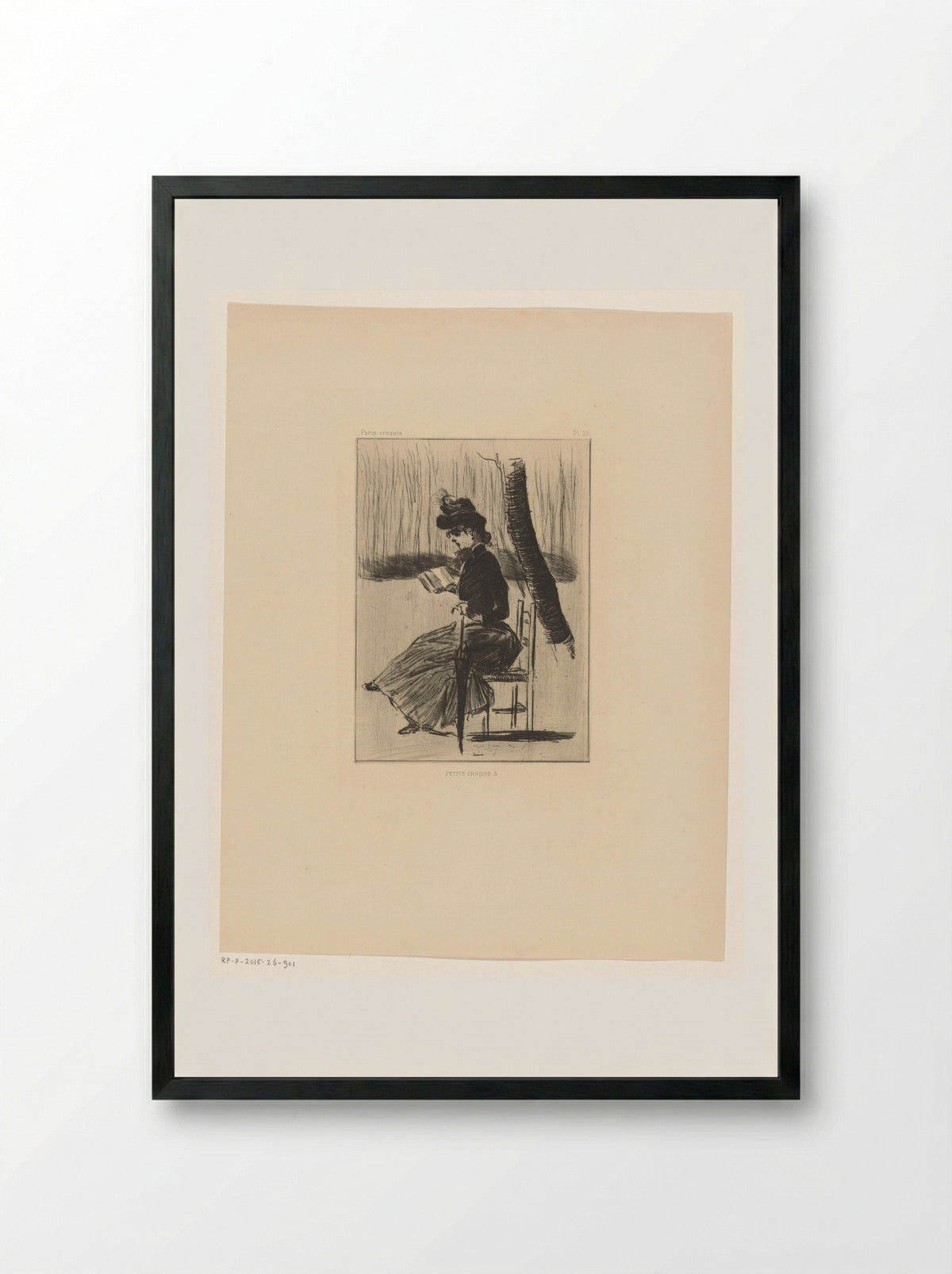 Vrouw met een boek en een paraplu op een stoel buiten - Henri Boutet - Framed Print Black