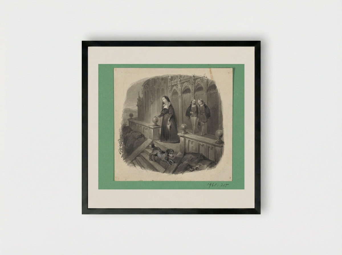 Vrouw met een hond op een bordes - Johann Wilhelm Kaiser - Framed Print Black