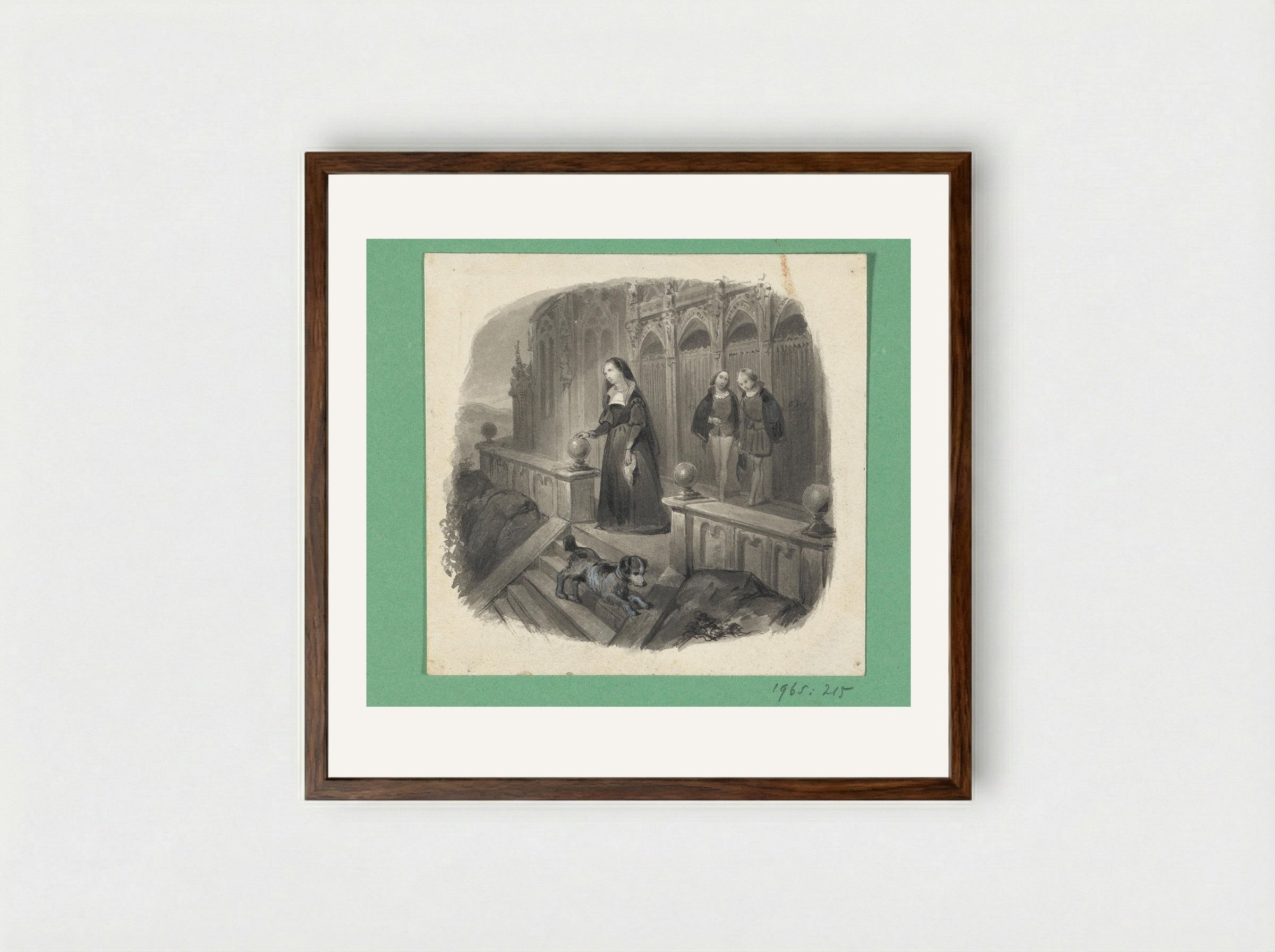 Vrouw met een hond op een bordes - Johann Wilhelm Kaiser - Framed Print Dark Wood