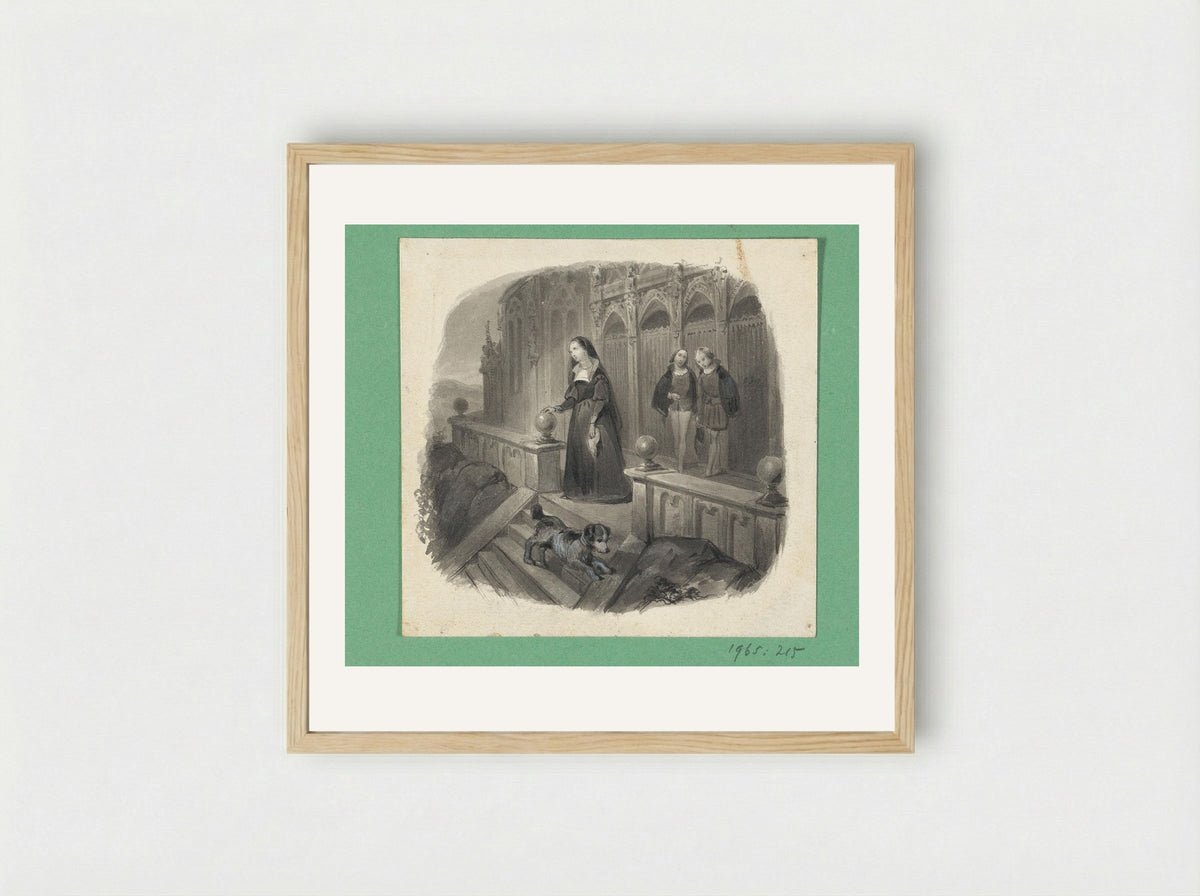 Vrouw met een hond op een bordes - Johann Wilhelm Kaiser - Framed Print Wood