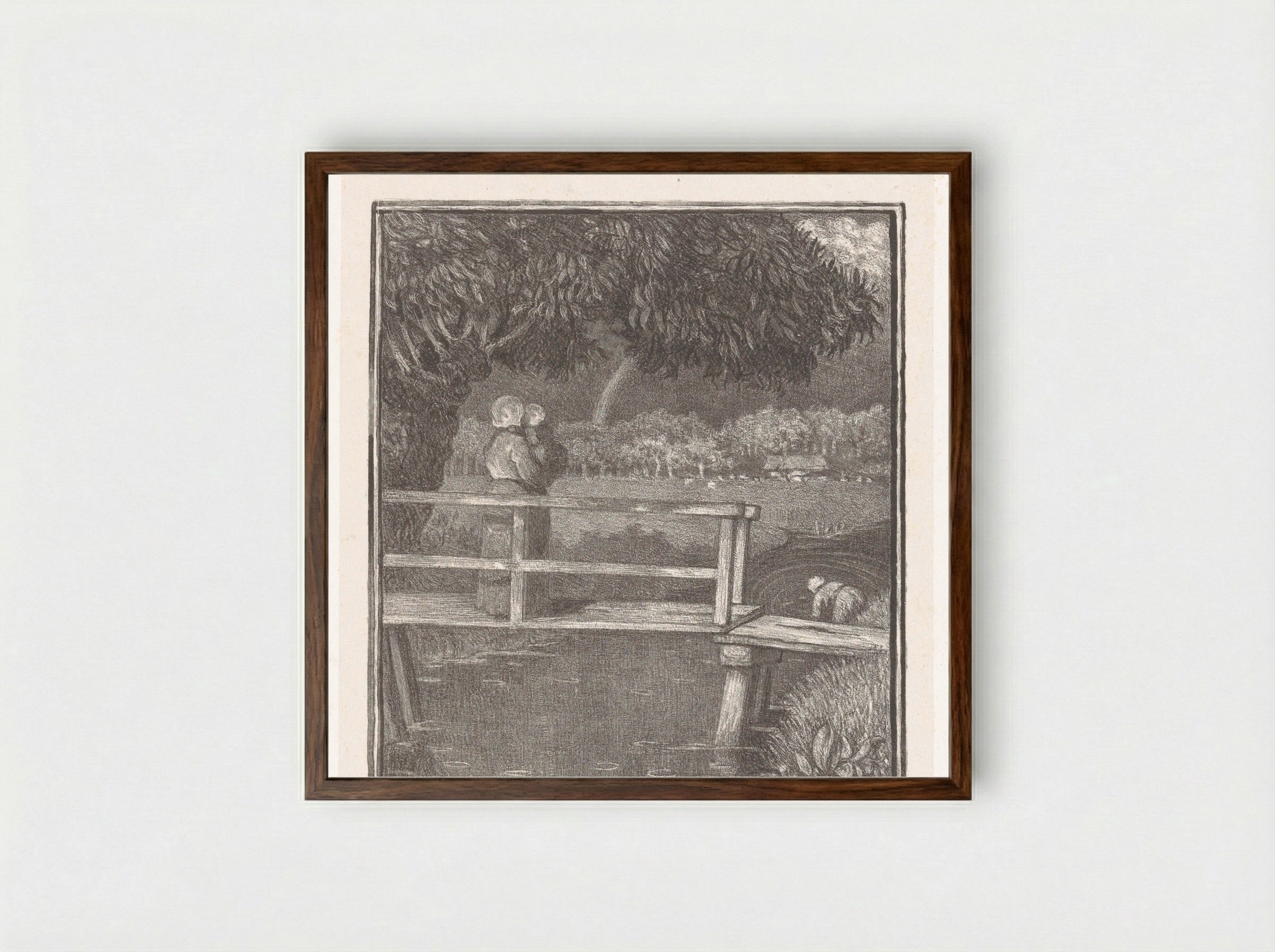 Vrouw met een kind op haar arm op een brug - Richard Nicolaüs Roland Holst - Framed Print Dark Wood