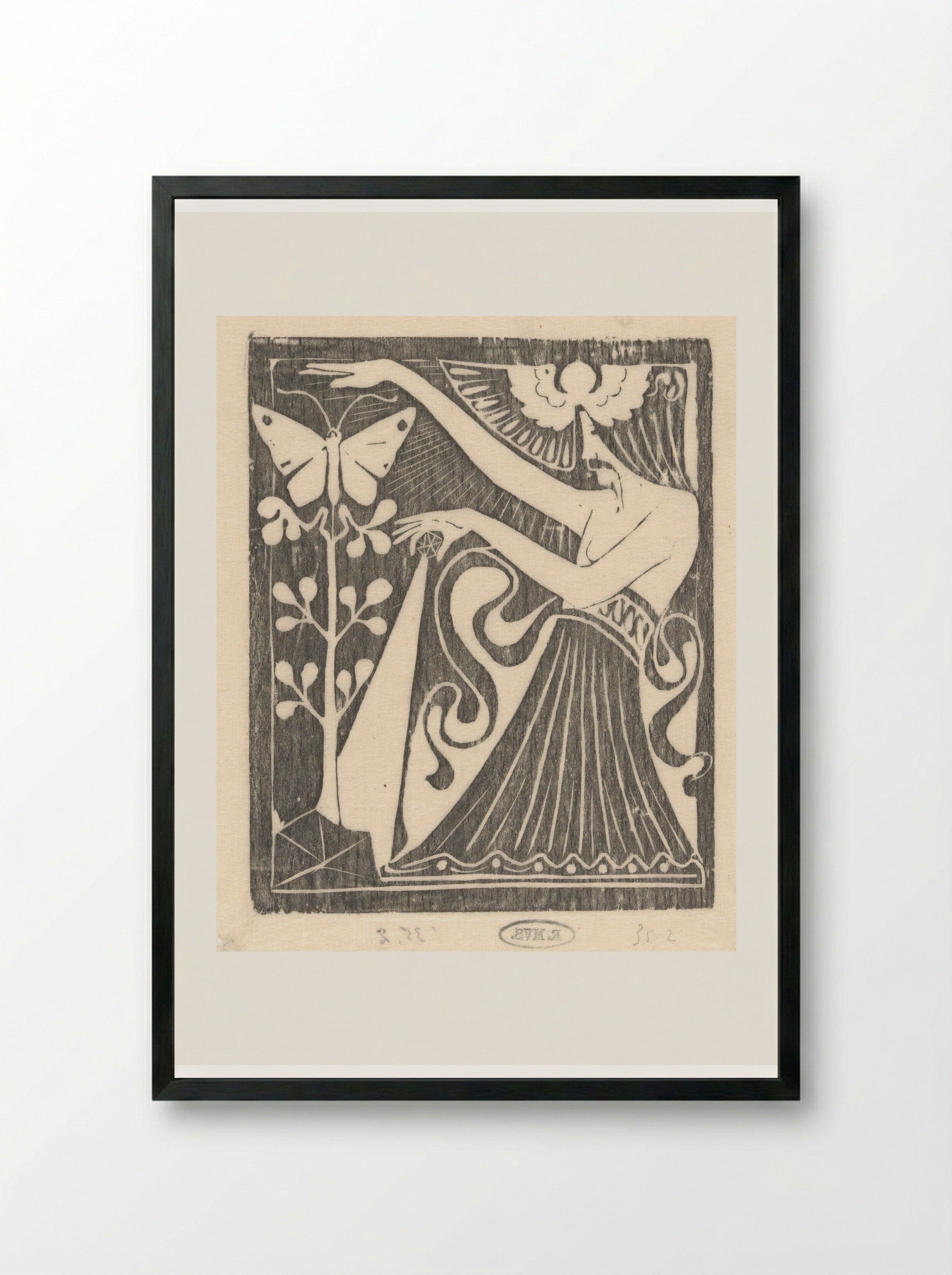 Vrouw met een kristal bij een vlinder en een plant - Karel Petrus Cornelis de Bazel - Framed Print Black