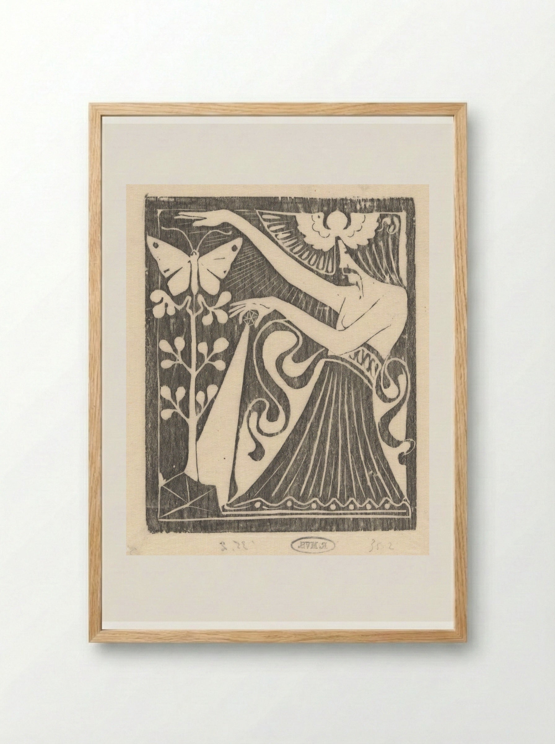 Vrouw met een kristal bij een vlinder en een plant - Karel Petrus Cornelis de Bazel - Framed Print Wood