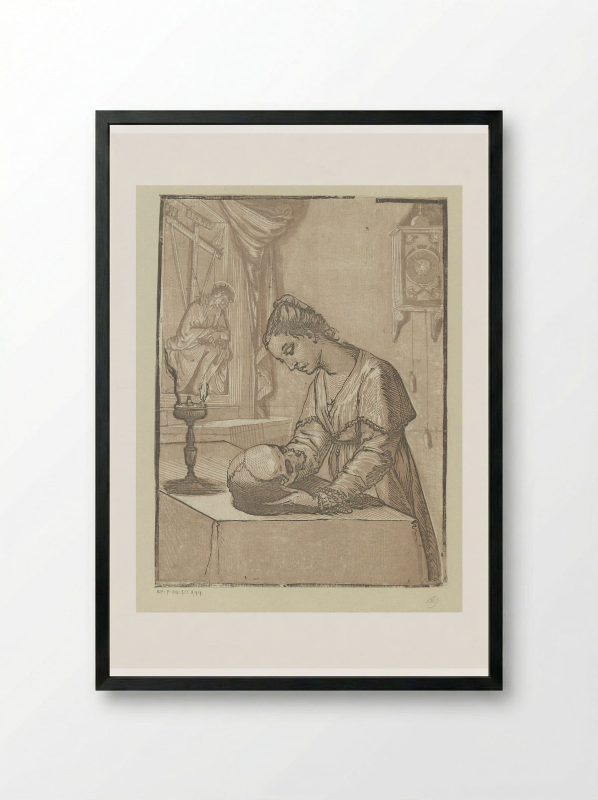 Vrouw met een schedel - Andrea Andreani - Framed Print Black